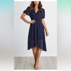 Navy Blue tear-drop shaped polka-dots, mid high-lo hem style Pretty Garden